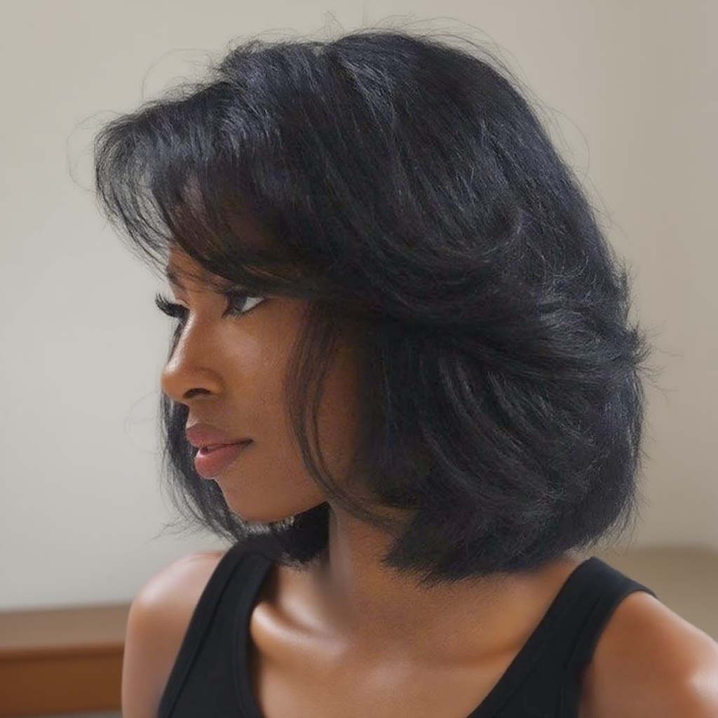 Glueless Human Hair Wigs Layered Yaki Bob Cut with Bangs 13*4 Lace Front No Shedding Tangle Free