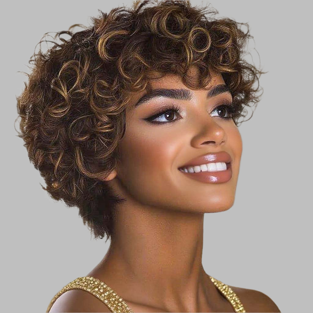 Human Hair Mini-Closure Lace Wigs Pixie Cut Short Curly Bob With Bangs Ready To Wear Glueless No Shedding Natural Look