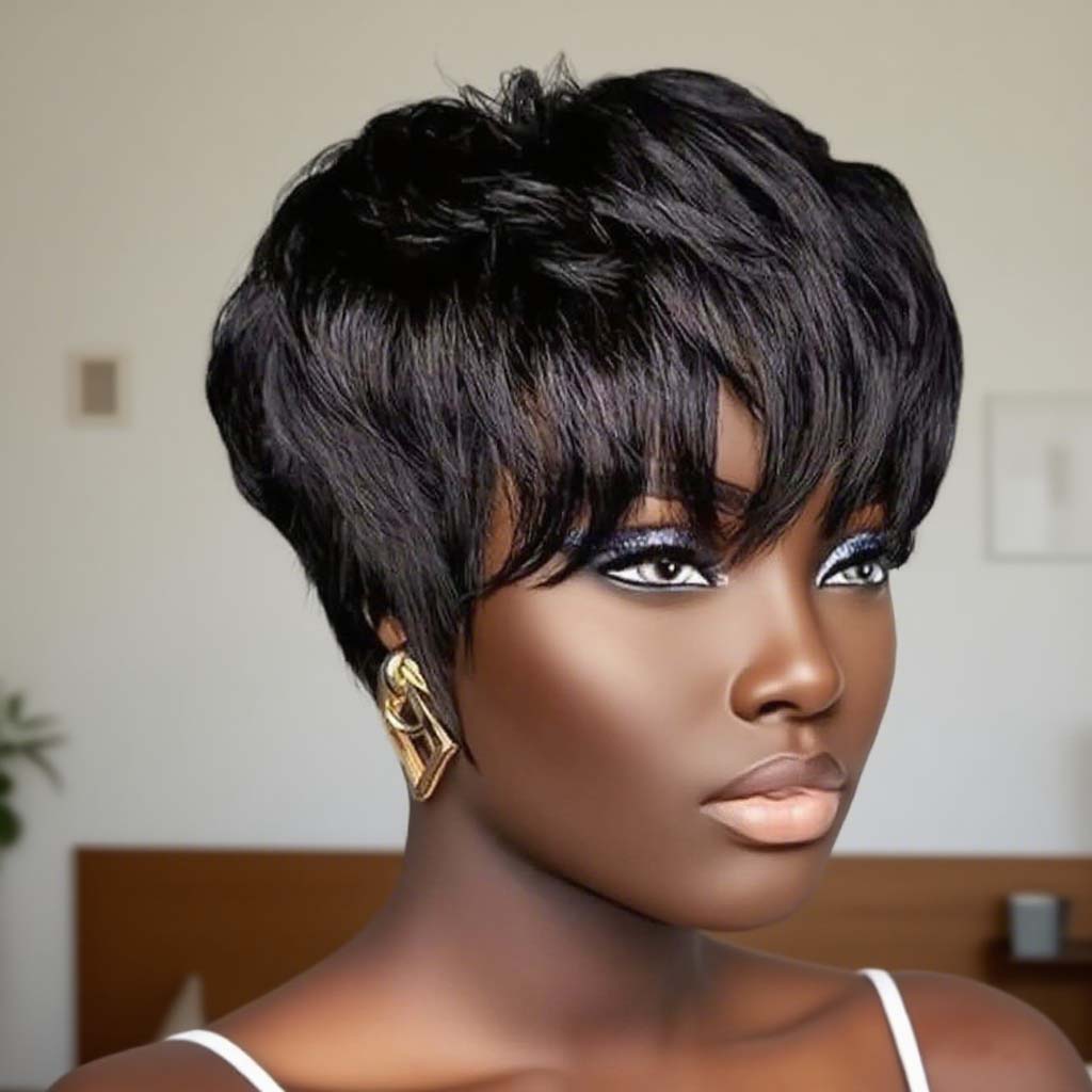 Pop On & Go Glueless Mini-Closure Lace Wigs Layered Pixie Cut with Bangs Short No Shedding Tangle Free