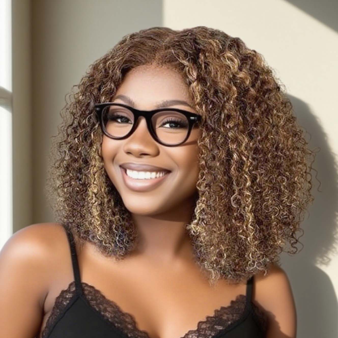  Ready to Go Glueless 5x5 HD Lace Wig Shoulder Length Bob Cut Soft Kinky Curly Highlight Honey Blonde Coloro