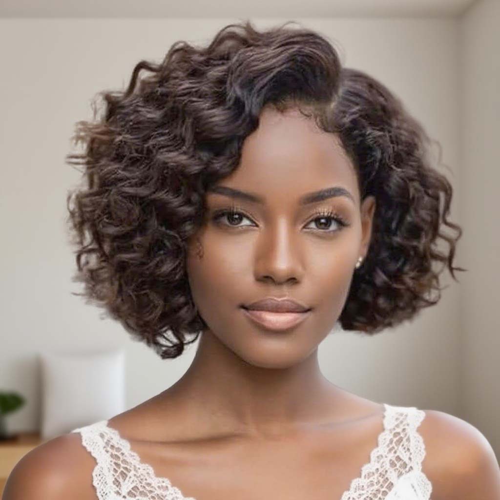 Ready to Wear Glueless Human Hair 5*5 Lace Closure Wigs Curly Hair Short Bob Cut Brown Color Pre Cut Lace Side Part