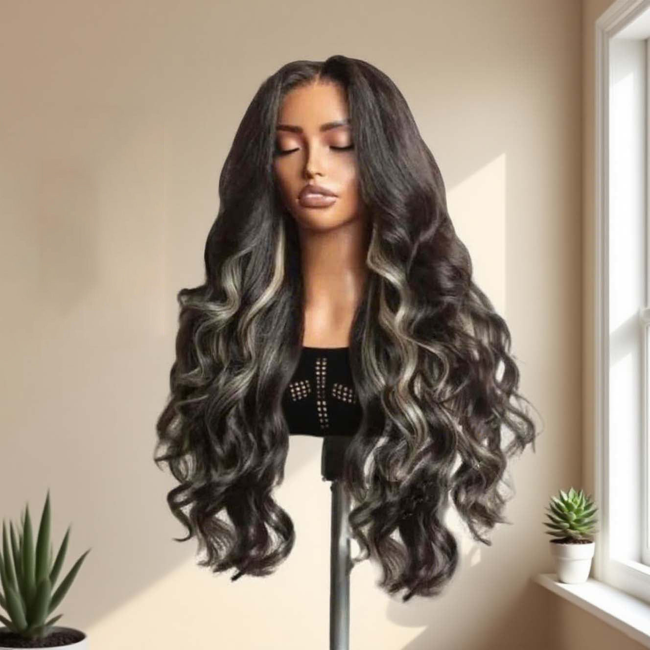 Varia Hair Black Highlight Blonde Wavy Middle Part HD  Lace Frontal Wig
