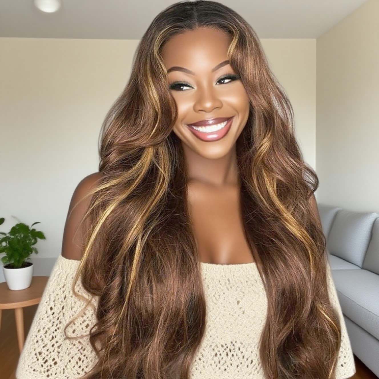 Varia Hair Bronw Highlight Blonde Wavy Middle Part HD  Lace Frontal Wig