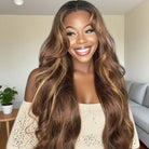 Varia Hair Bronw Highlight Blonde Wavy Middle Part HD  Lace Frontal Wig