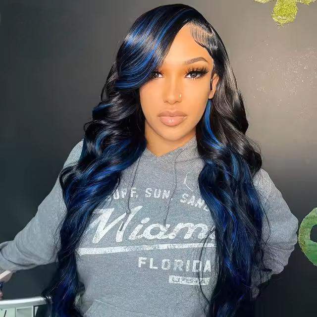 Variahair Highlights Blue With Black Malaysian Virgin Human Hair Lace Front Wigs Pre Plucked Hair Line1